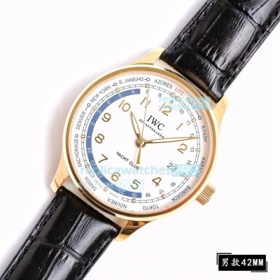 Replica IWC Portuguese Yacht Club Gold Watch White Dial Black Leather